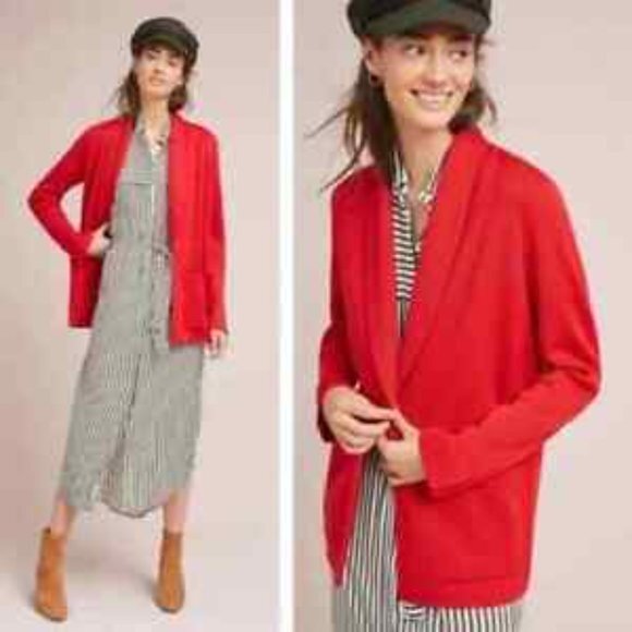 Anthropologie HWR Monogram Owen Red Long‎ Cardigan Wool Button-up Sweater Women - Picture 14 of 14